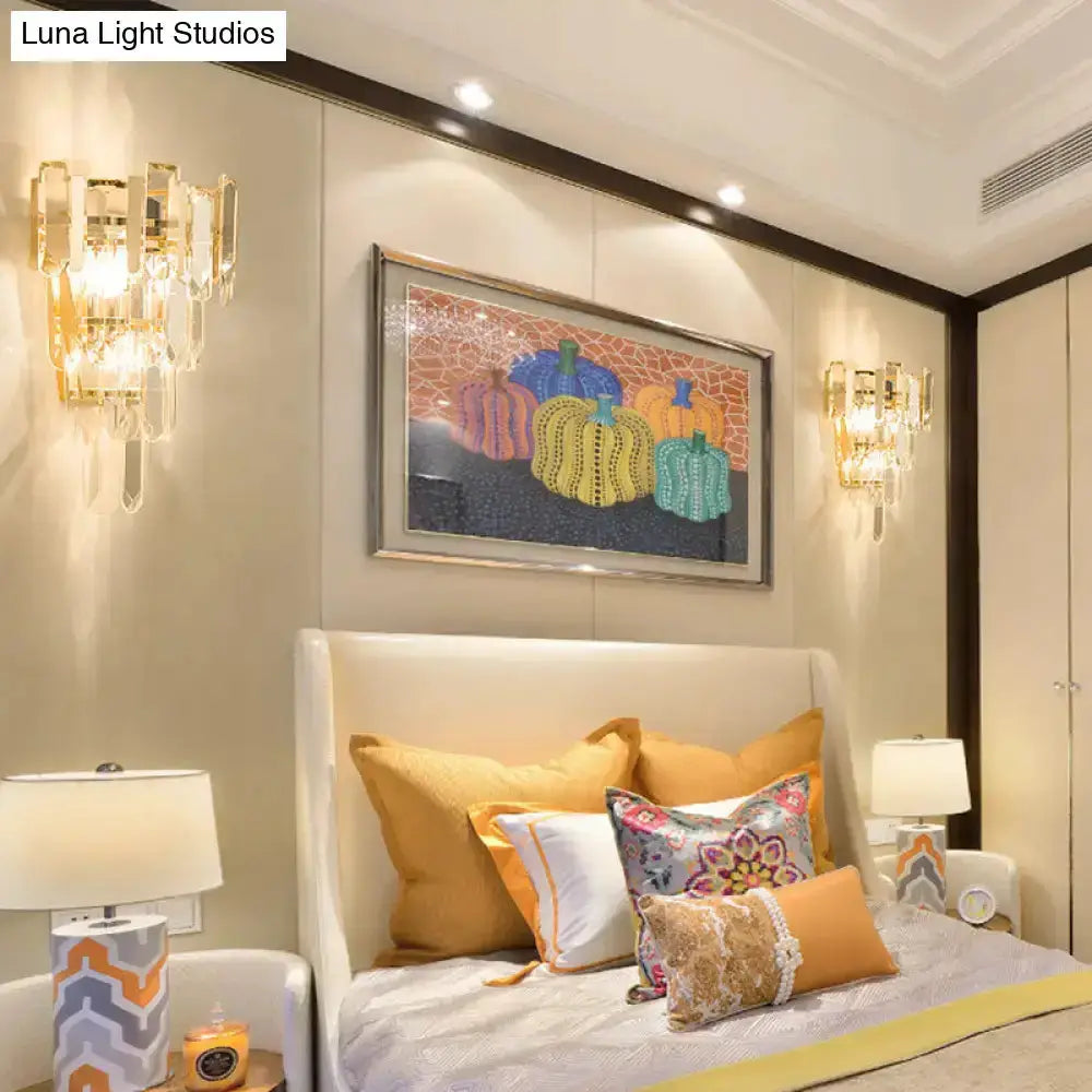 Modern gold 3-headed crystal wall sconce by Decorbites for bedroom, 15 inch fixture on Tampa Home & Garden Store