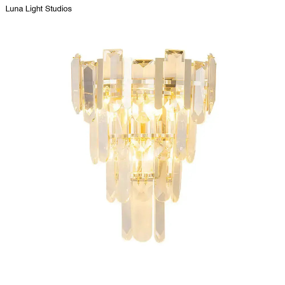 Decorbites modern gold 3-headed crystal wall sconce with hanging prisms, 15-inch fixture on Tampa Home & Garden Store