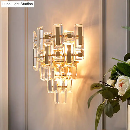Gold crystal 5-tier wall sconce by Decorbites, shimmering prisms with warm glow on Tampa Home & Garden Store
