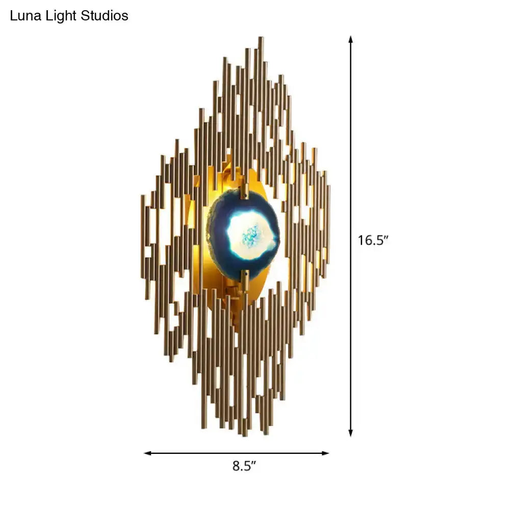 Modern gold agate wall sconce with sunburst brass rods and blue agate center Decorbites on Tampa Home & Garden Store