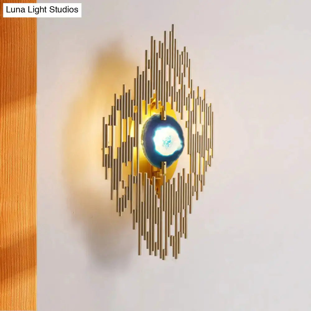 Modern gold agate wall sconce by Decorbites with sunburst metal rays and blue geode centerpiece on Tampa Home & Garden Store