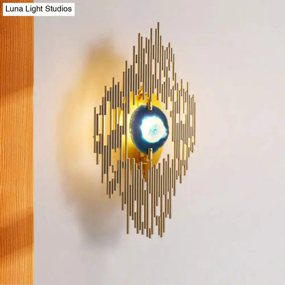 Modern gold agate wall sconce by Decorbites with sunburst metal rays and blue geode centerpiece on Tampa Home & Garden Store