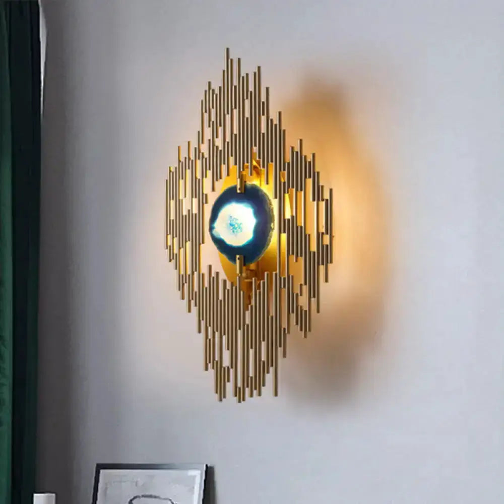 Modern gold agate deco wall sconce with blue center disc by Decorbites on Tampa Home & Garden Store