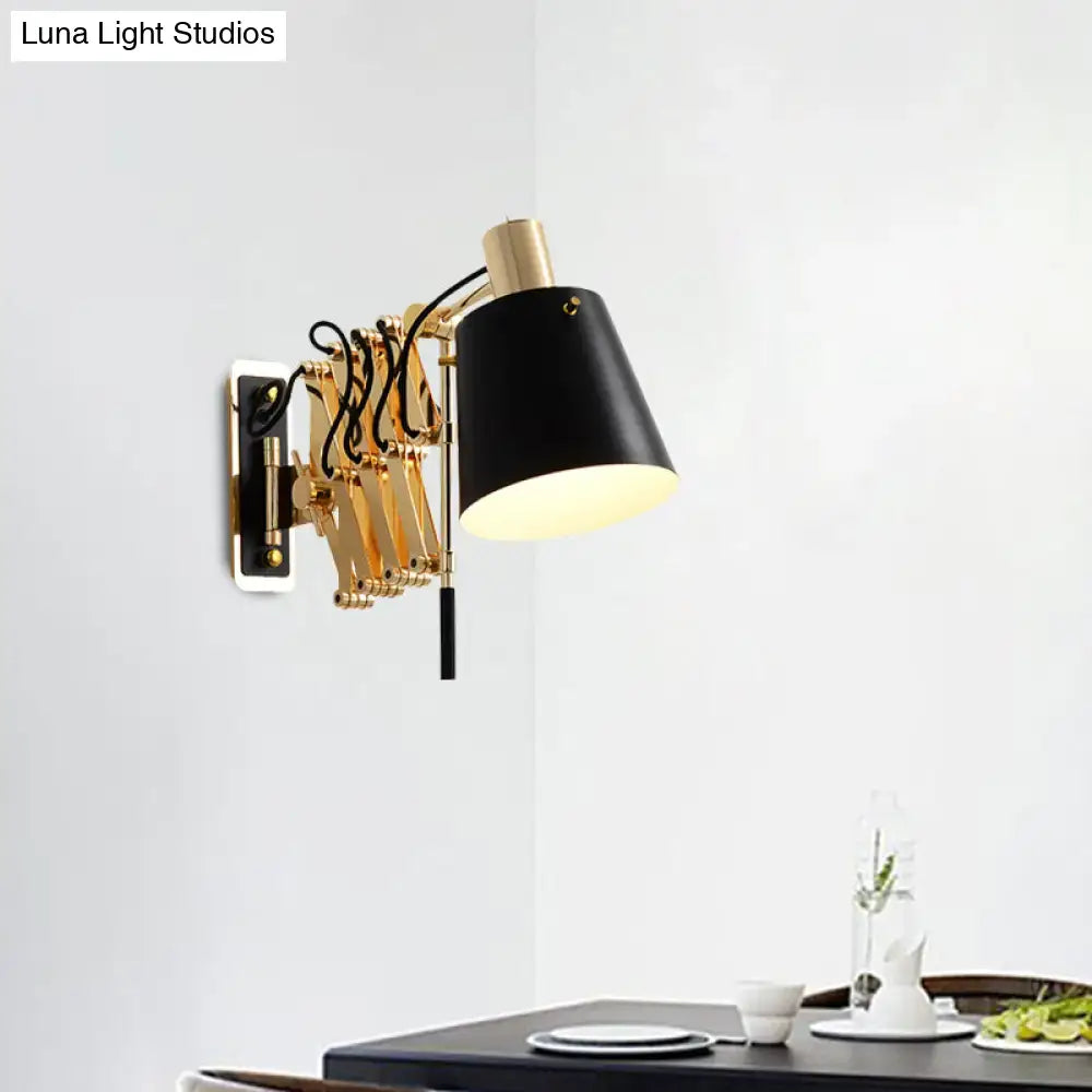Gold Black Barrel Wall Sconce with adjustable brass arms and black shade on Tampa Home & Garden Store
