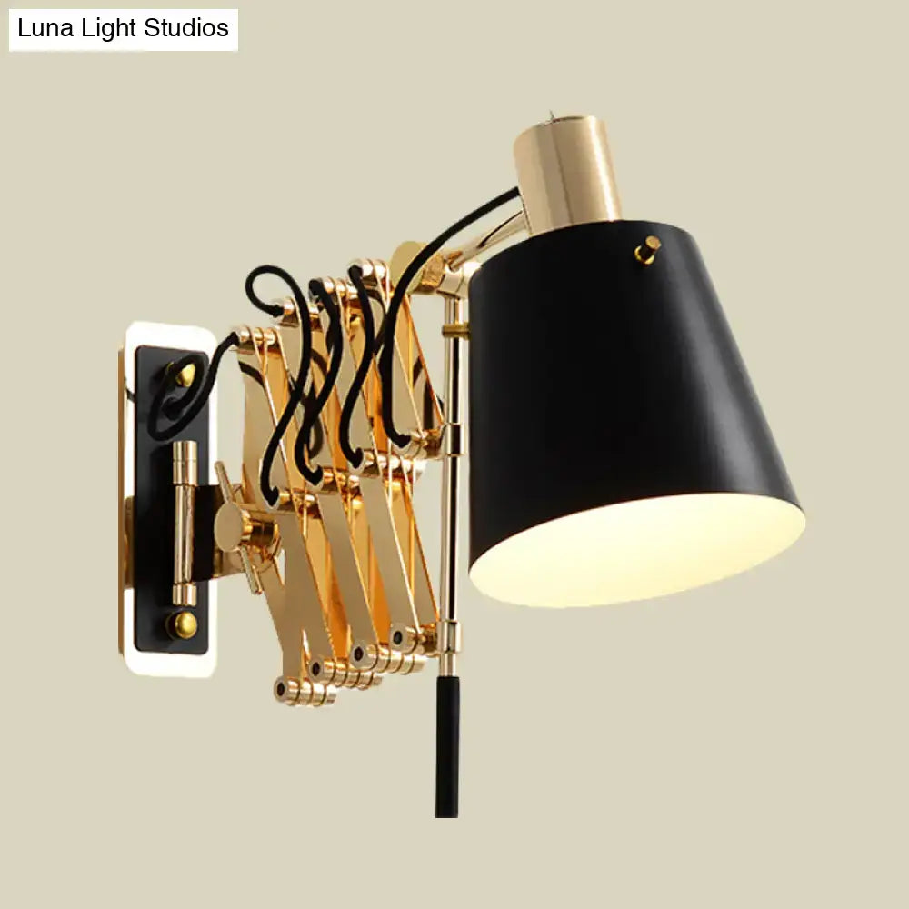 Decorbites gold black barrel wall sconce with adjustable articulated arms and black shade on Tampa Home & Garden Store