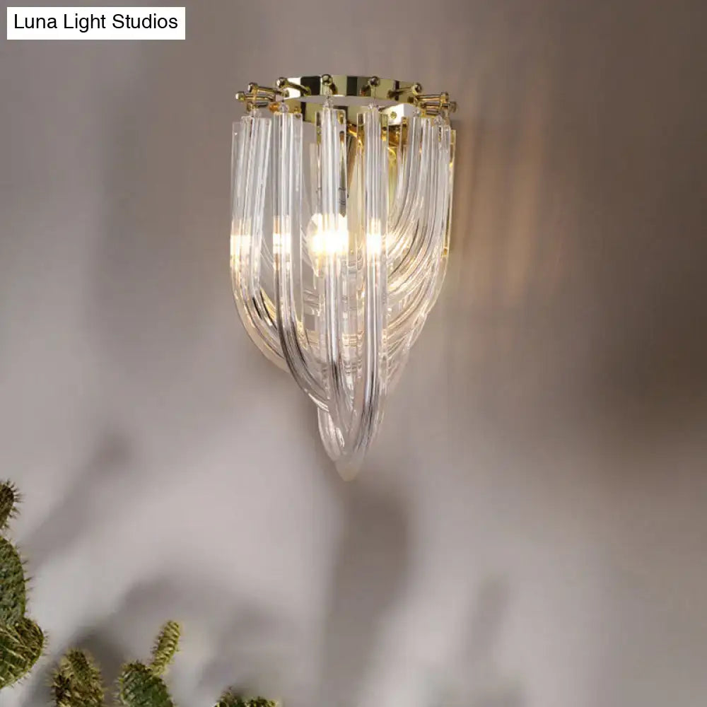 Gold glass geometric clear sconce with brass finish and hanging prism panels by Decorbites on Tampa Home & Garden Store