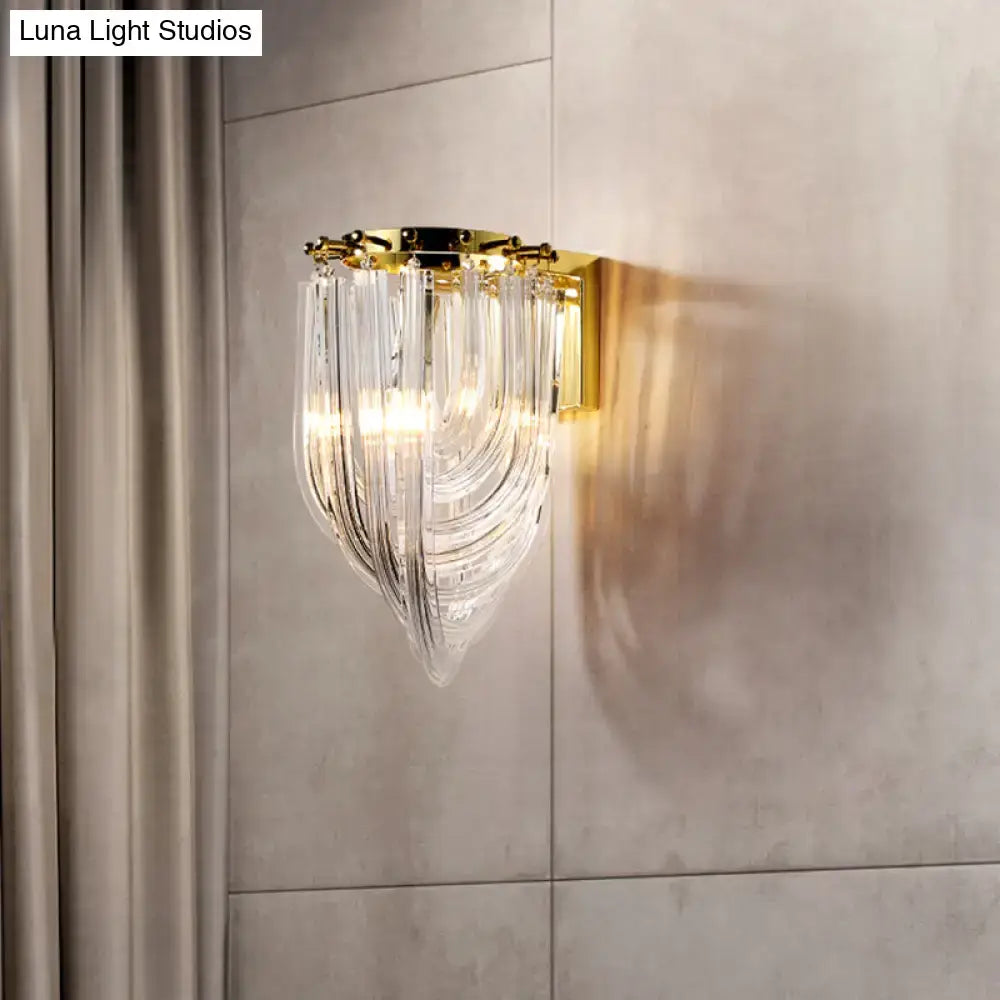 Gold glass geometric clear sconce with cascading crystal prisms on brass wall mount on Tampa Home & Garden Store