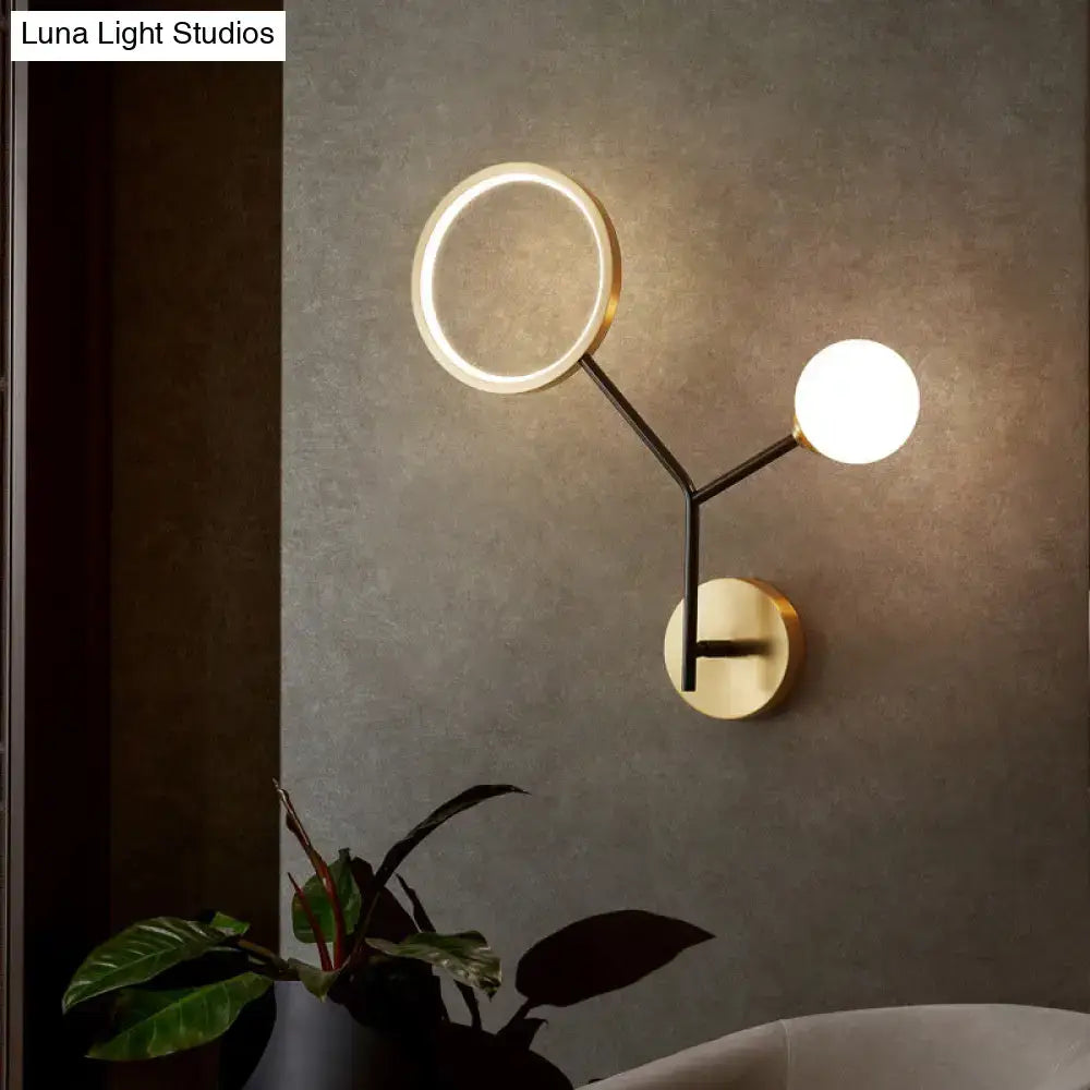 Gold cream glass compact wall sconce with dual arms: ring light and frosted globe Decorbites on Tampa Home & Garden Store