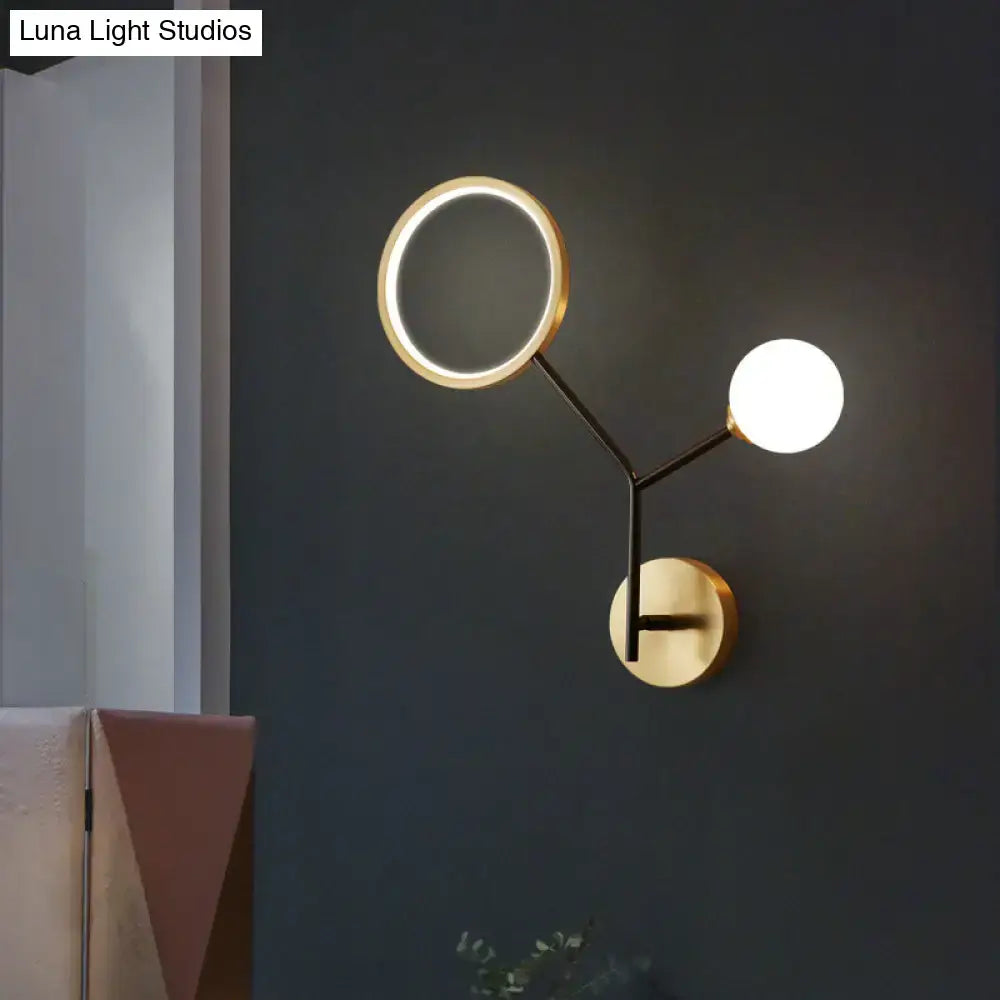 Gold Cream Glass Compact Wall Sconce with dual arms, circular ring LED and white globe on Tampa Home & Garden Store