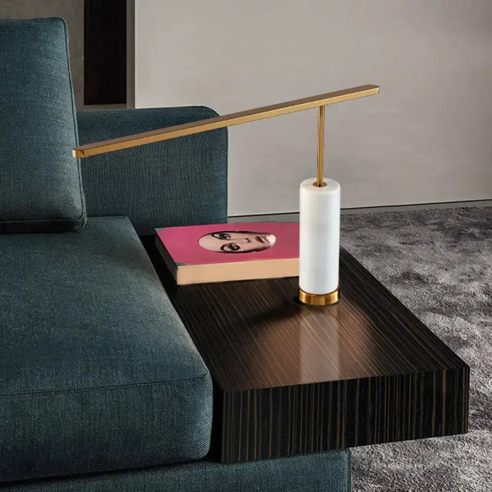 Gold Marble Nightstand Lamp white marble cylinder with gold hardware on wood table on Tampa Home & Garden Store