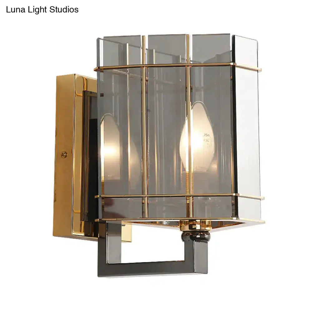 Gray glass triangle sconce with brass frame and clear panels by Decorbites on Tampa Home & Garden Store