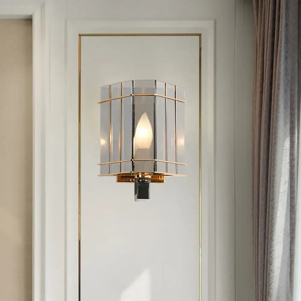 Decorbites gray glass triangle sconce with gold metal cage wall mounted lighting on Tampa Home & Garden Store
