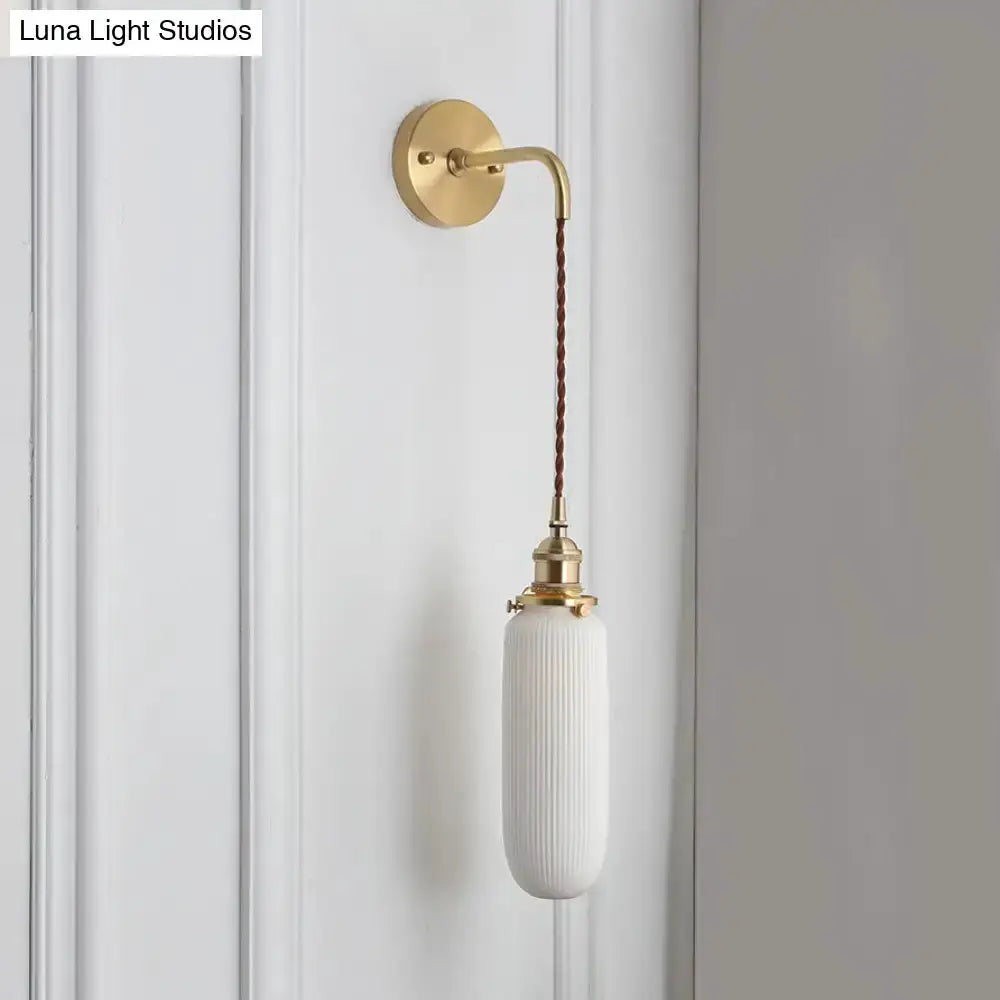 Modern Gold and White Ribbed Glass Wall Sconce