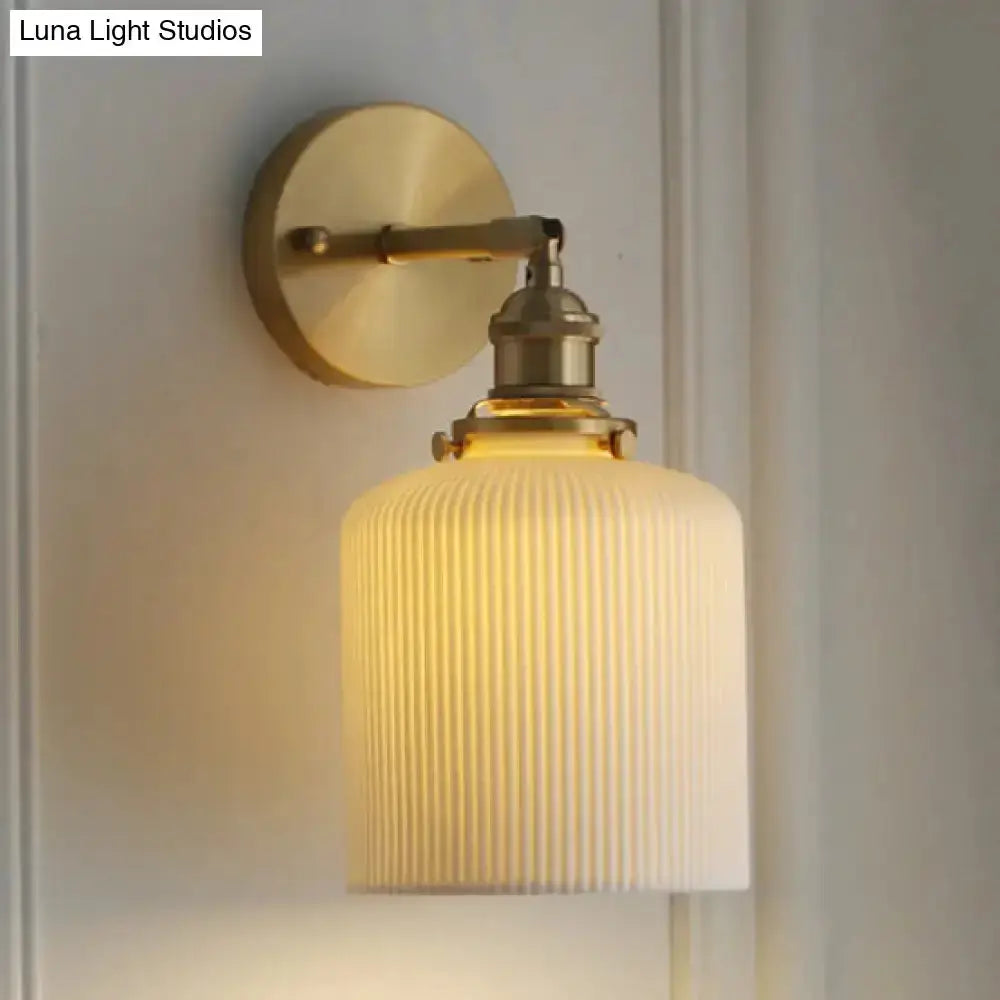 Modern Gold and White Ribbed Glass Wall Sconce