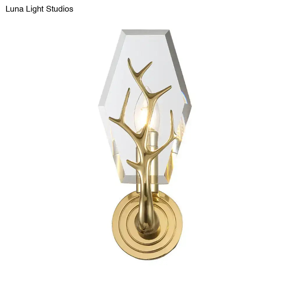 Gold Antler Wall Sconce with Crystal Accent featuring a faceted glass backplate and exposed bulb on Tampa Home & Garden Store