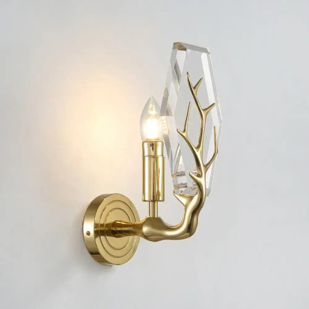 Gold Antler Wall Sconce with Crystal Accent, brass finish, candle-style bulb Decorbites on Tampa Home & Garden Store
