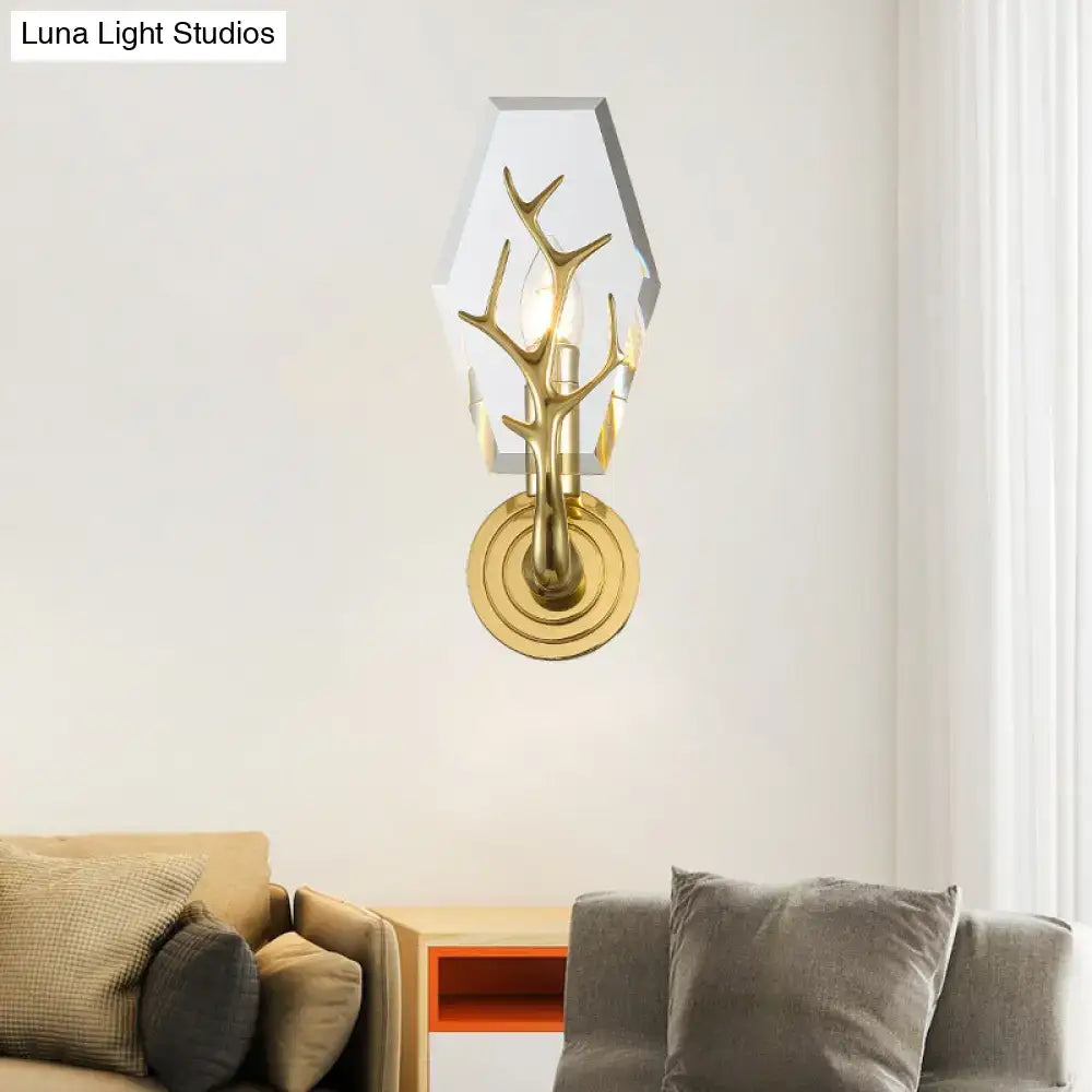 Gold antler wall sconce with crystal accent and geometric glass shade by Decorbites on Tampa Home & Garden Store