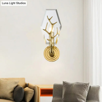Gold antler wall sconce with crystal accent and geometric glass shade by Decorbites on Tampa Home & Garden Store