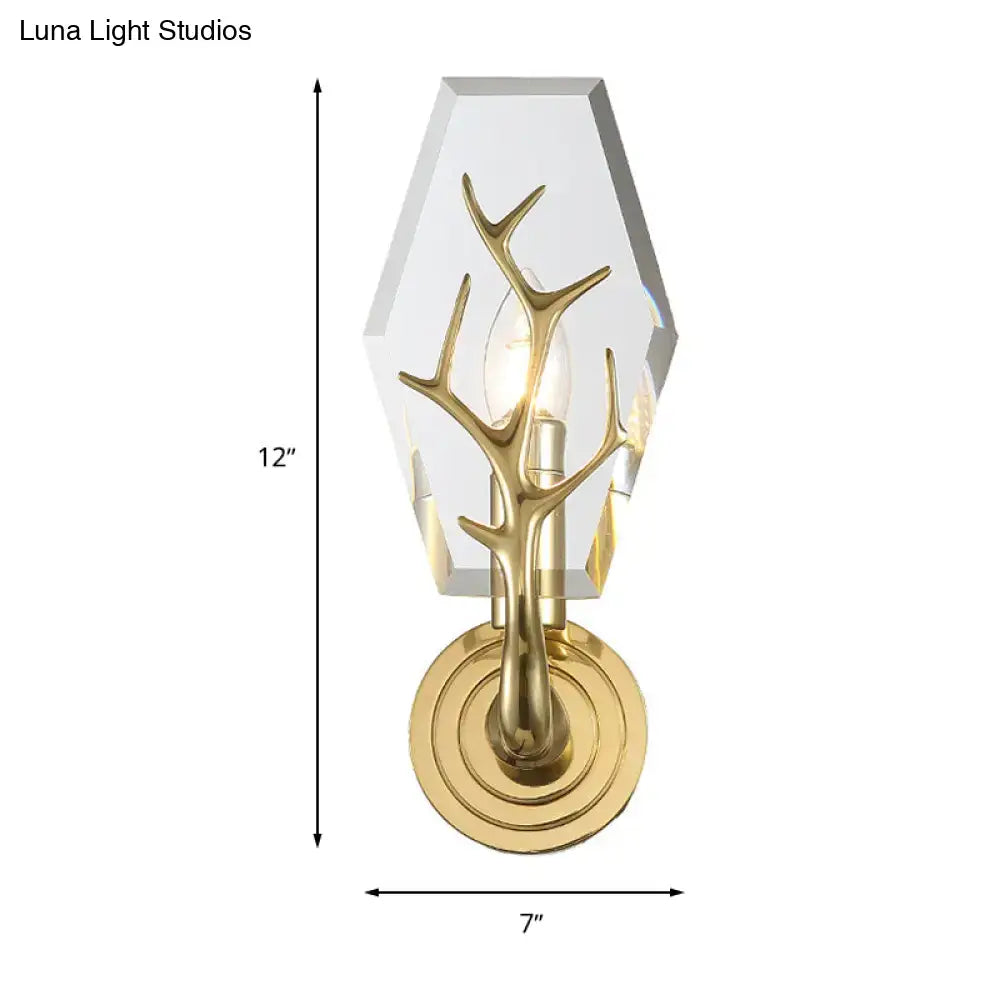 Gold antler wall sconce with crystal accents and diamond glass shade on Tampa Home & Garden Store