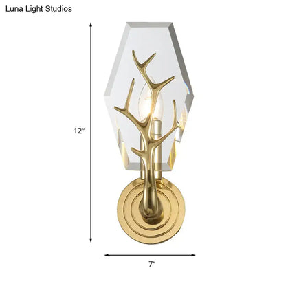 Gold antler wall sconce with crystal accents and diamond glass shade on Tampa Home & Garden Store
