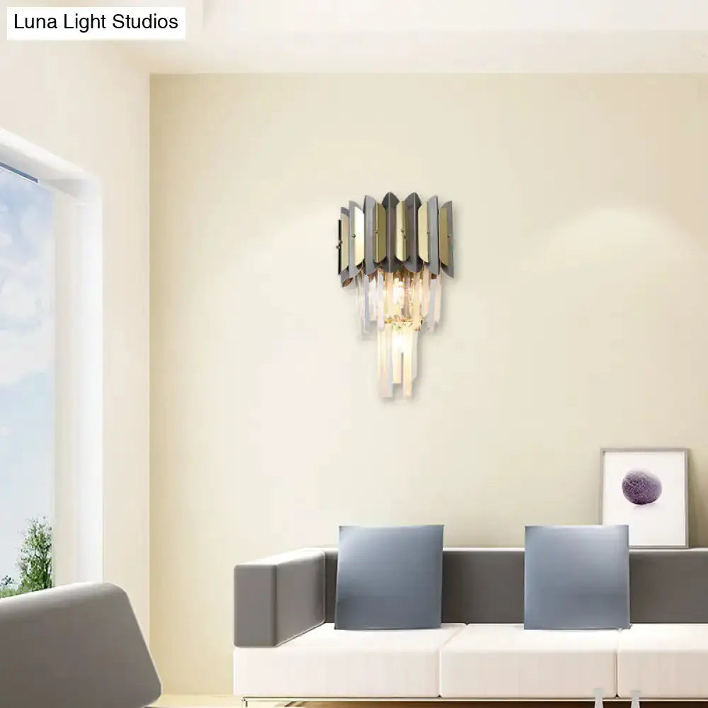 Modern gold and black crystal sconce light fixture with hanging prisms by Decorbites on Tampa Home & Garden Store