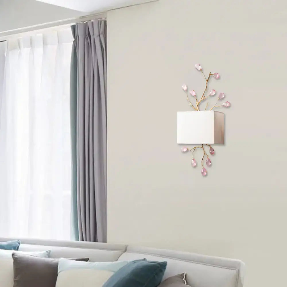 Gold Crystal Wall Sconce with pink crystal droplets on white backplate by Decorbites on Tampa Home & Garden Store