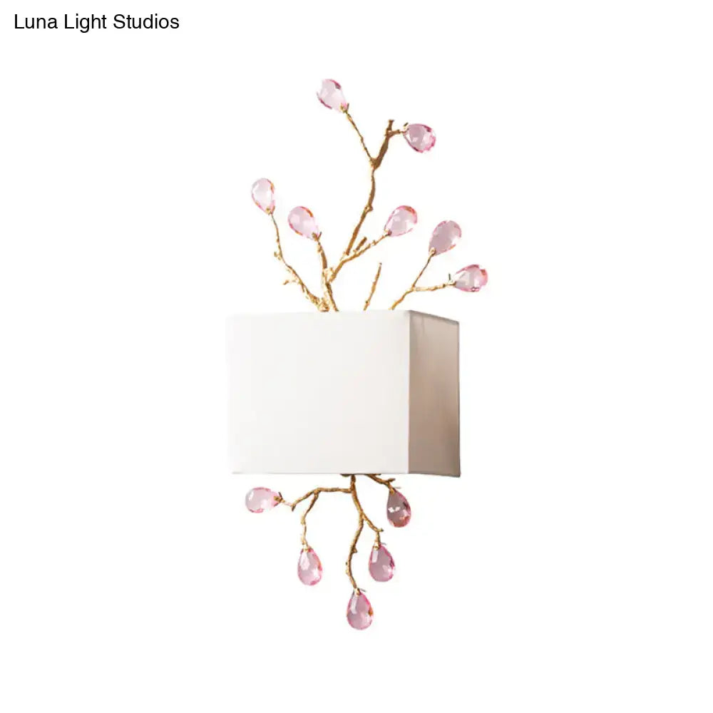 Gold crystal wall sconce with pink teardrop crystals and white shade, two-light Decorbites on Tampa Home & Garden Store