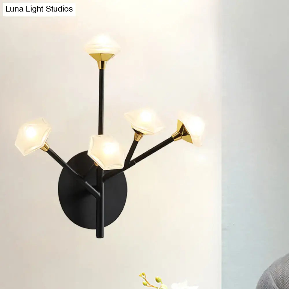 Decorbites Gold Branching Wall Sconce with black stem, five arms and frosted glass petal shades on Tampa Home & Garden Store