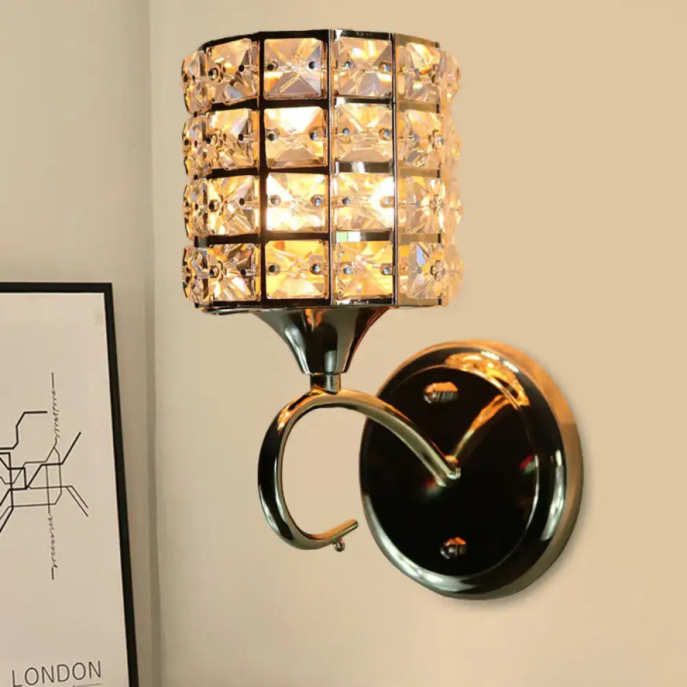 Gold crystal compact wall sconce with blocks and a curved chrome arm on a round backplate on Tampa Home & Garden Store