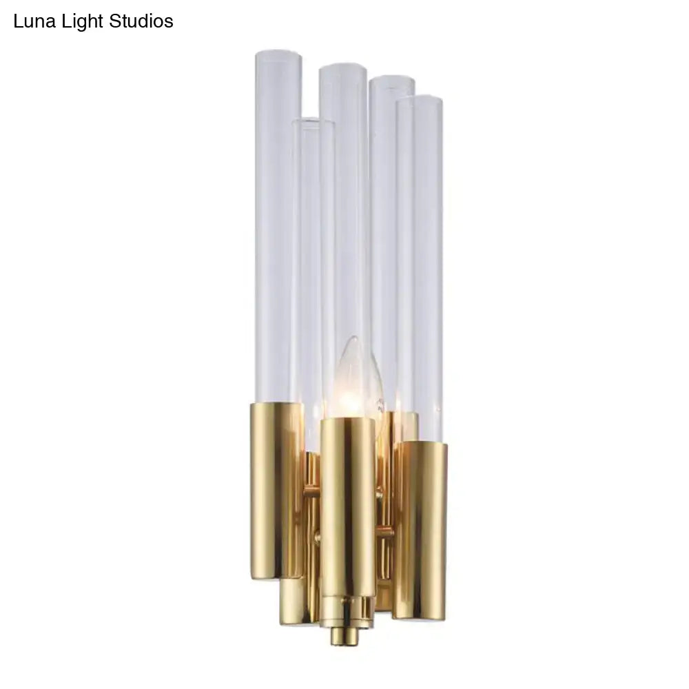 Gold crystal candelabra sconce with tall glass flute shades and brass finish on Tampa Home & Garden Store