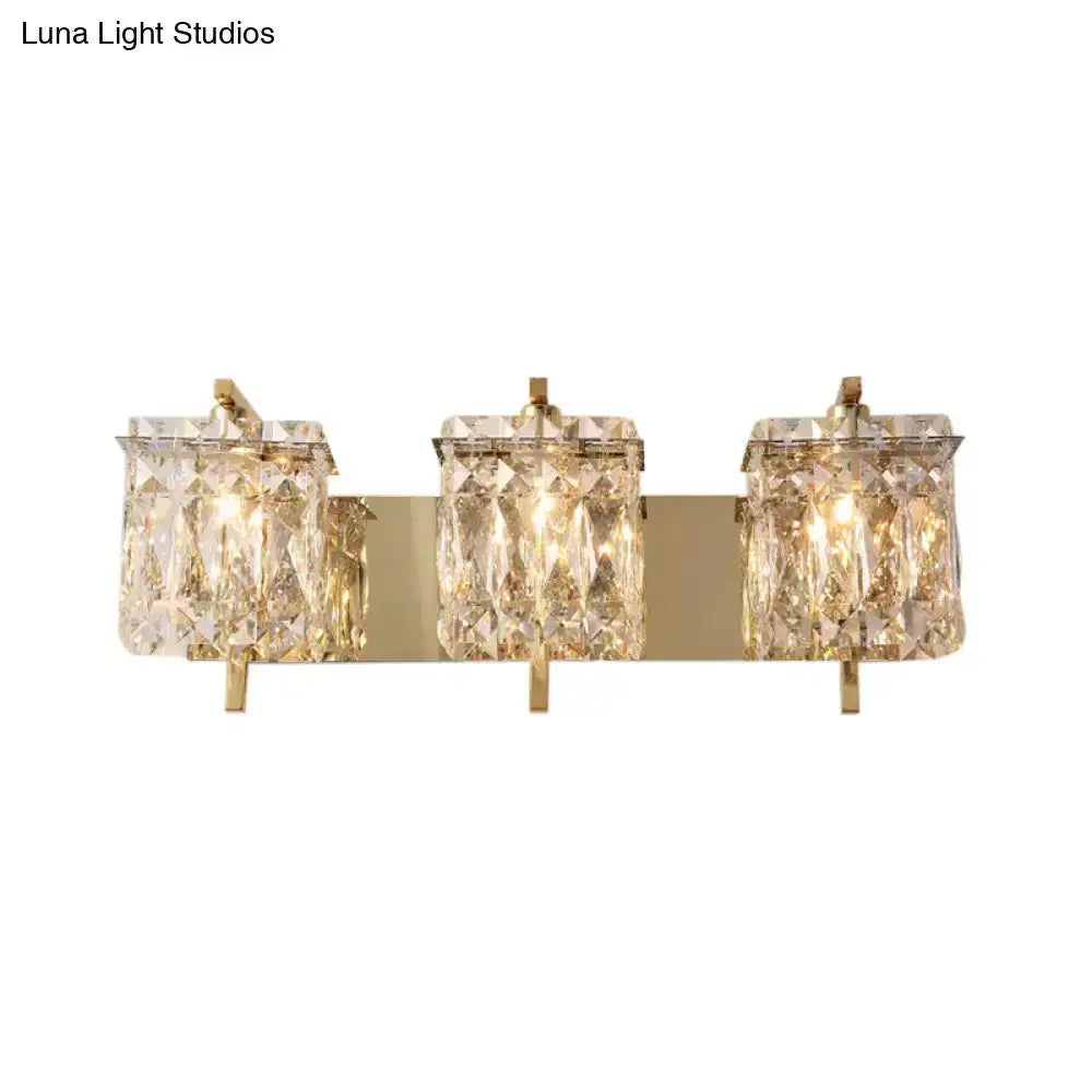 Three-light wall light fixture with gold chrome crystal cubes by Decorbites on Tampa Home & Garden Store