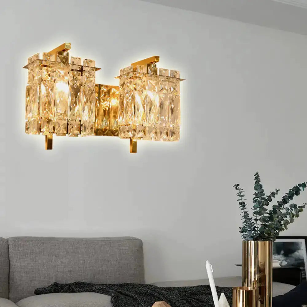 Wall light crystal fixture in gold with chrome accents; dual prism blocks Decorbites E12/E14 on Tampa Home & Garden Store