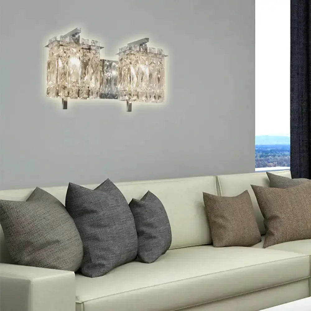 Modern gold and chrome crystal wall light with twin rectangular prisms for living room on Tampa Home & Garden Store