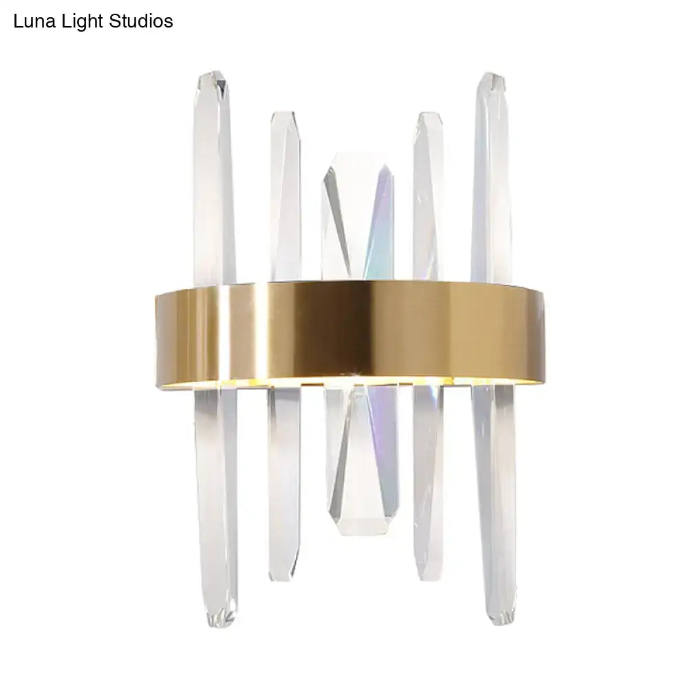 Gold crystal bar sconce with a brass band and clear crystal prisms Decorbites on Tampa Home & Garden Store