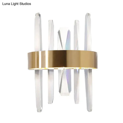 Gold crystal bar sconce with a brass band and clear crystal prisms Decorbites on Tampa Home & Garden Store