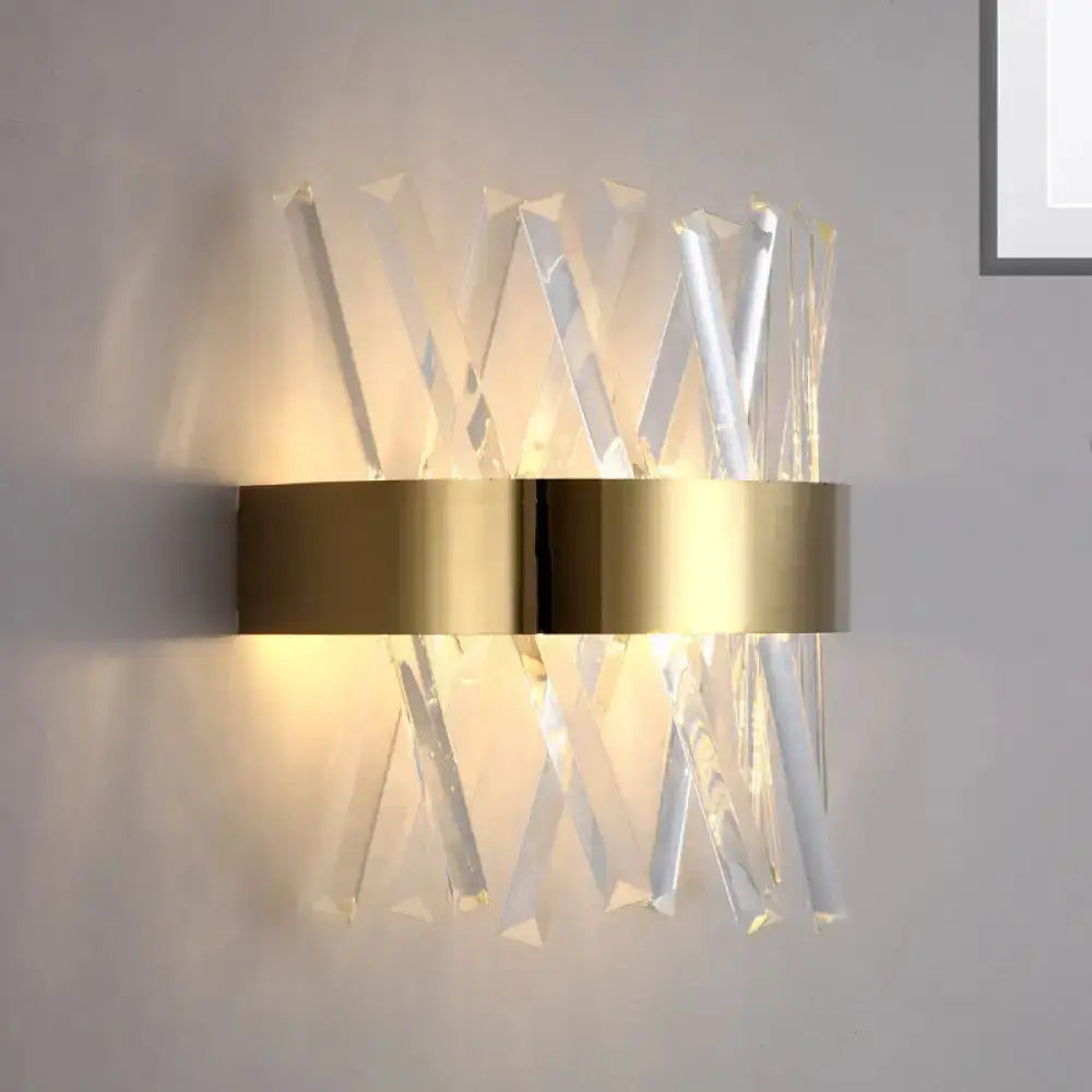 Modern gold crystal sconce wall fixture, 12in height with a gold band and clear crystal prisms Decorbites on Tampa Home & Garden Store