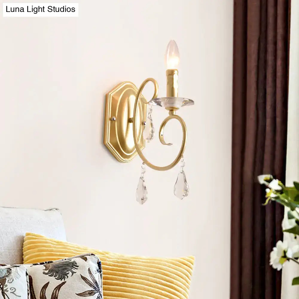Gold Crystal Wall Sconce for Corridor Hallway with curved arm and hanging crystal drops on Tampa Home & Garden Store