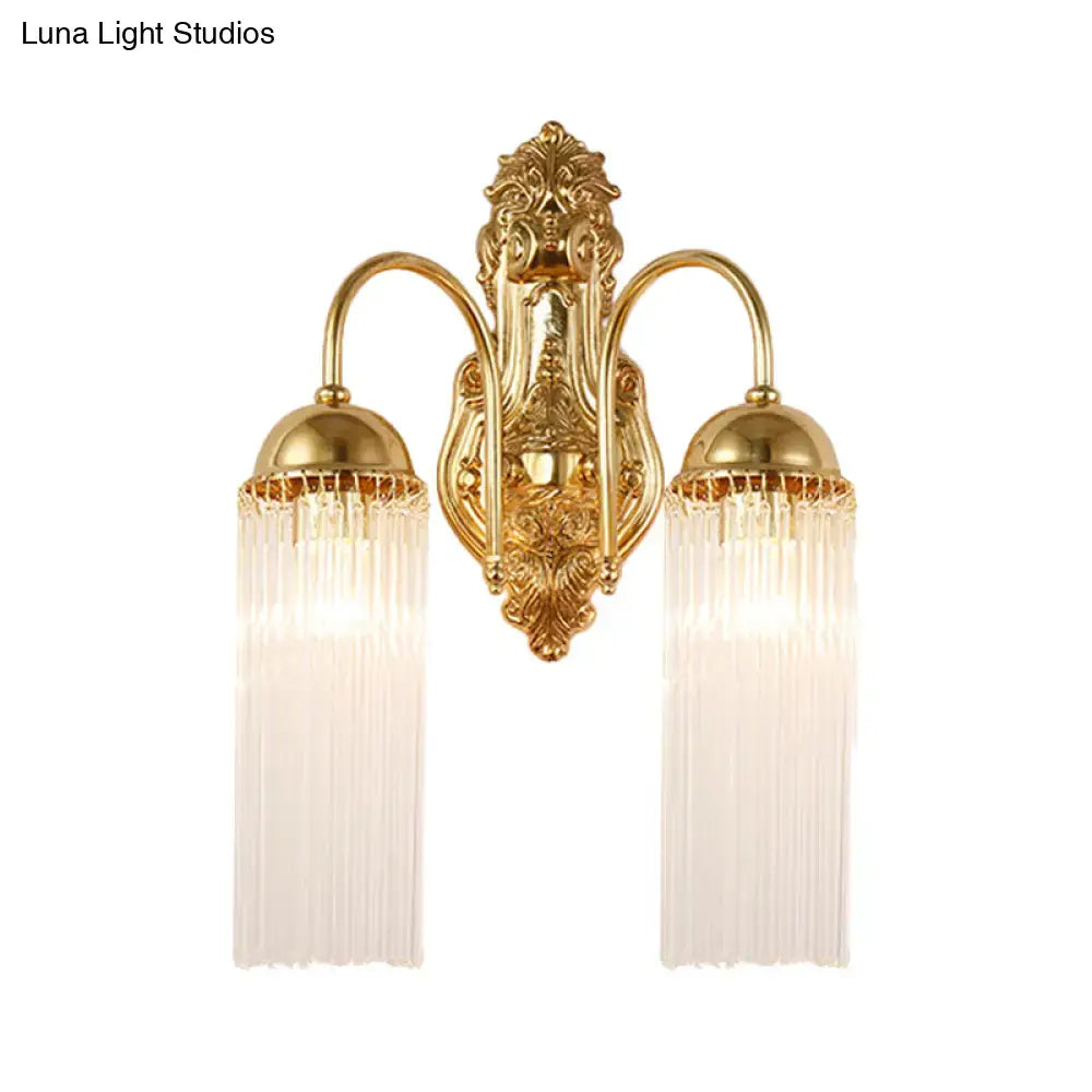 Gold finish dual-arm gooseneck sconce with crystal fringe glass shades on Tampa Home & Garden Store