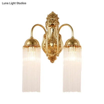 Gold finish dual-arm gooseneck sconce with crystal fringe glass shades on Tampa Home & Garden Store