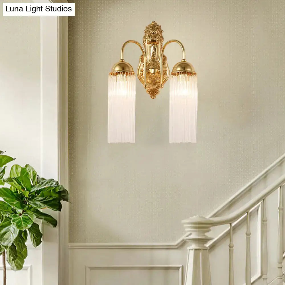 Decorbites Gold Gooseneck Sconce, two-light brass fixture with crystal fringe shades on Tampa Home & Garden Store