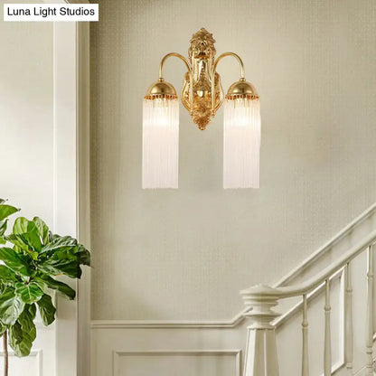 Decorbites Gold Gooseneck Sconce, two-light brass fixture with crystal fringe shades on Tampa Home & Garden Store