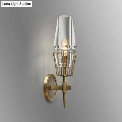 Modern gold clear glass wall lamp sconce with geometric cage by Decorbites on Tampa Home & Garden Store