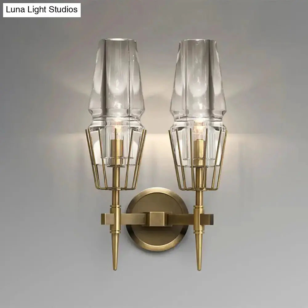 Decorbites modern gold clear glass wall sconce for bedroom with pair brass cage shades on Tampa Home & Garden Store