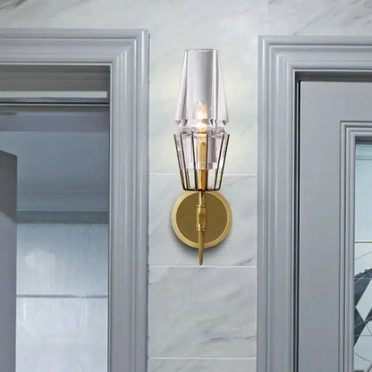 Modern gold clear glass wall lamp sconce with geometric cage brass backplate Decorbites on Tampa Home & Garden Store