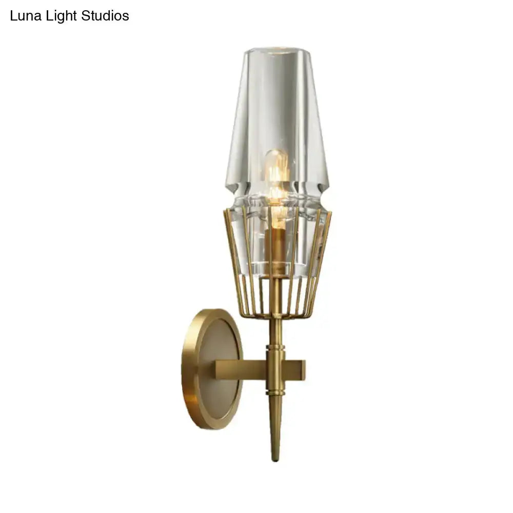 Modern gold clear glass wall lamp sconce with geometric cage shade by Decorbites on Tampa Home & Garden Store