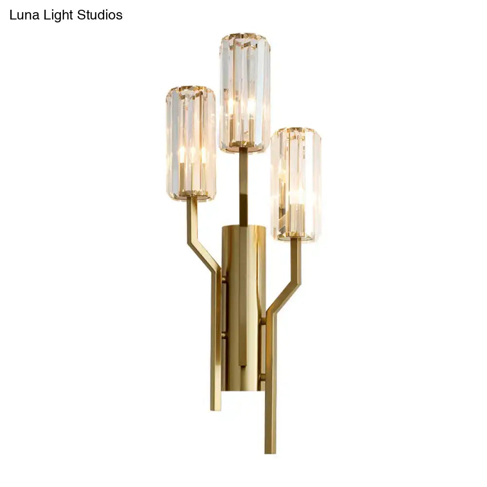 Gold crystal arm wall sconce with three glass cylindrical shades by Decorbites on Tampa Home & Garden Store
