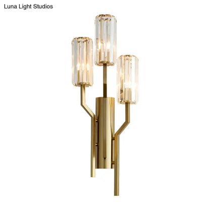 Gold crystal arm wall sconce with three glass cylindrical shades by Decorbites on Tampa Home & Garden Store