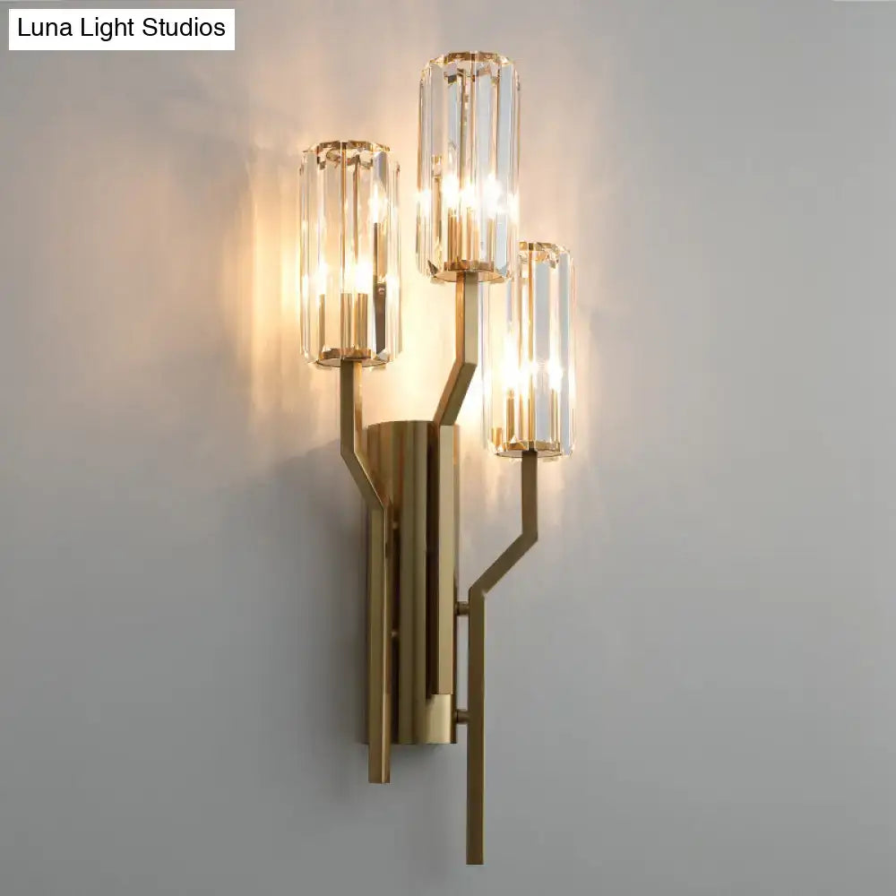 Gold crystal arm wall sconce by Decorbites, brass finish, three glass shades on Tampa Home & Garden Store