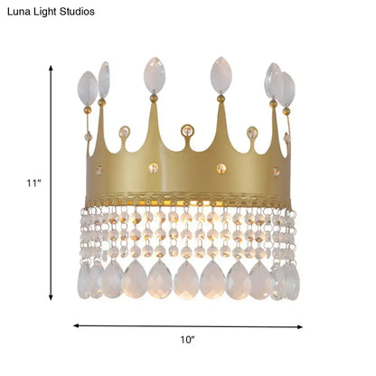 Gold Crystal Polished Droplet Wall Lamp with crown gold frame and hanging teardrop crystals on Tampa Home & Garden Store