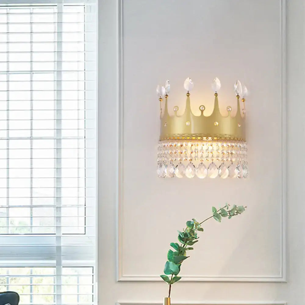 Gold Crystal Polished Droplet Wall Lamp by Decorbites, crown shade with crystal prisms on Tampa Home & Garden Store
